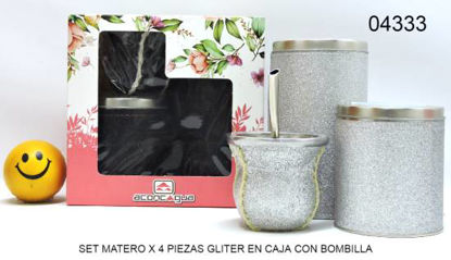 Imagen de SET MATERO X 4 PIEZAS GLITER EN CAJA CON BOMBILLA 9.24